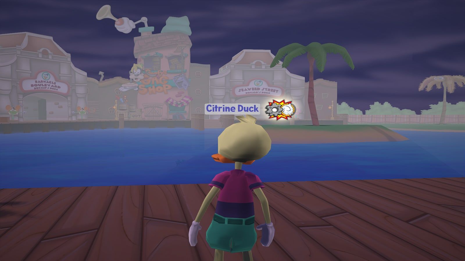 A Toon on the boardwalk at Donald's Dock, looking out over the water at the shops.