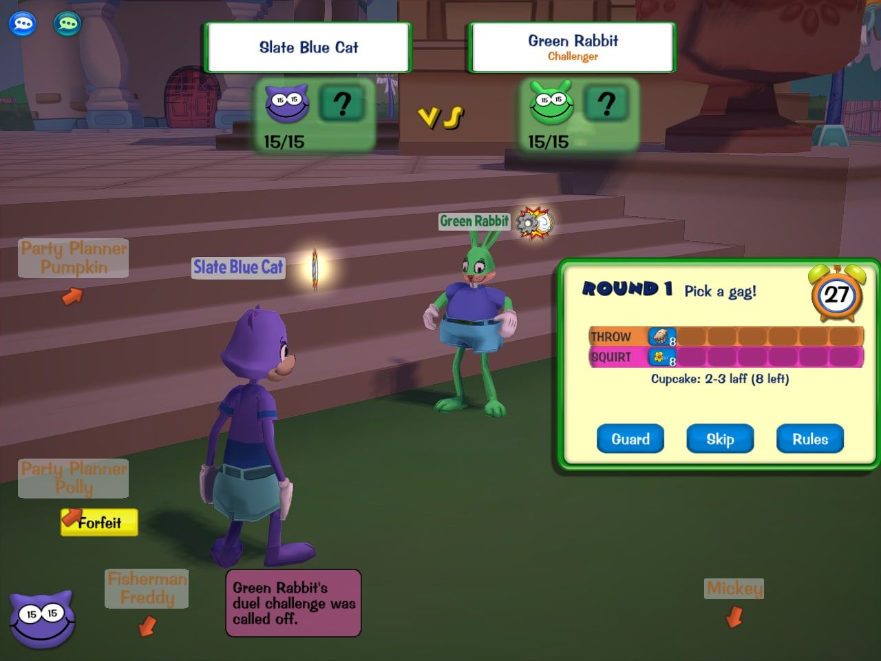 The duel's gag picker: rows of gags by track with how many are left, an alarm clock timer, and Guard, Skip and Rules buttons.