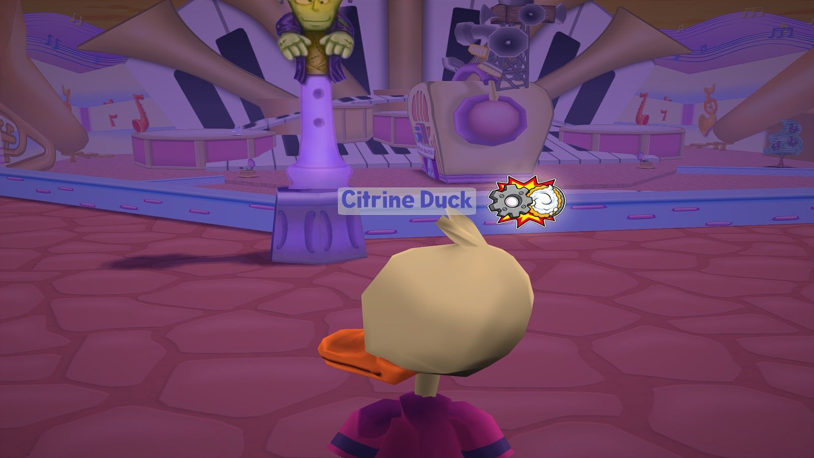 A Toon in Minnie's Melodyland, in front of the playground's big musical tower.