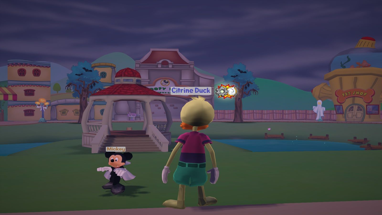 A duck Toon standing beside Mickey in Toontown Central, by the gazebo, under a purple Halloween sky.